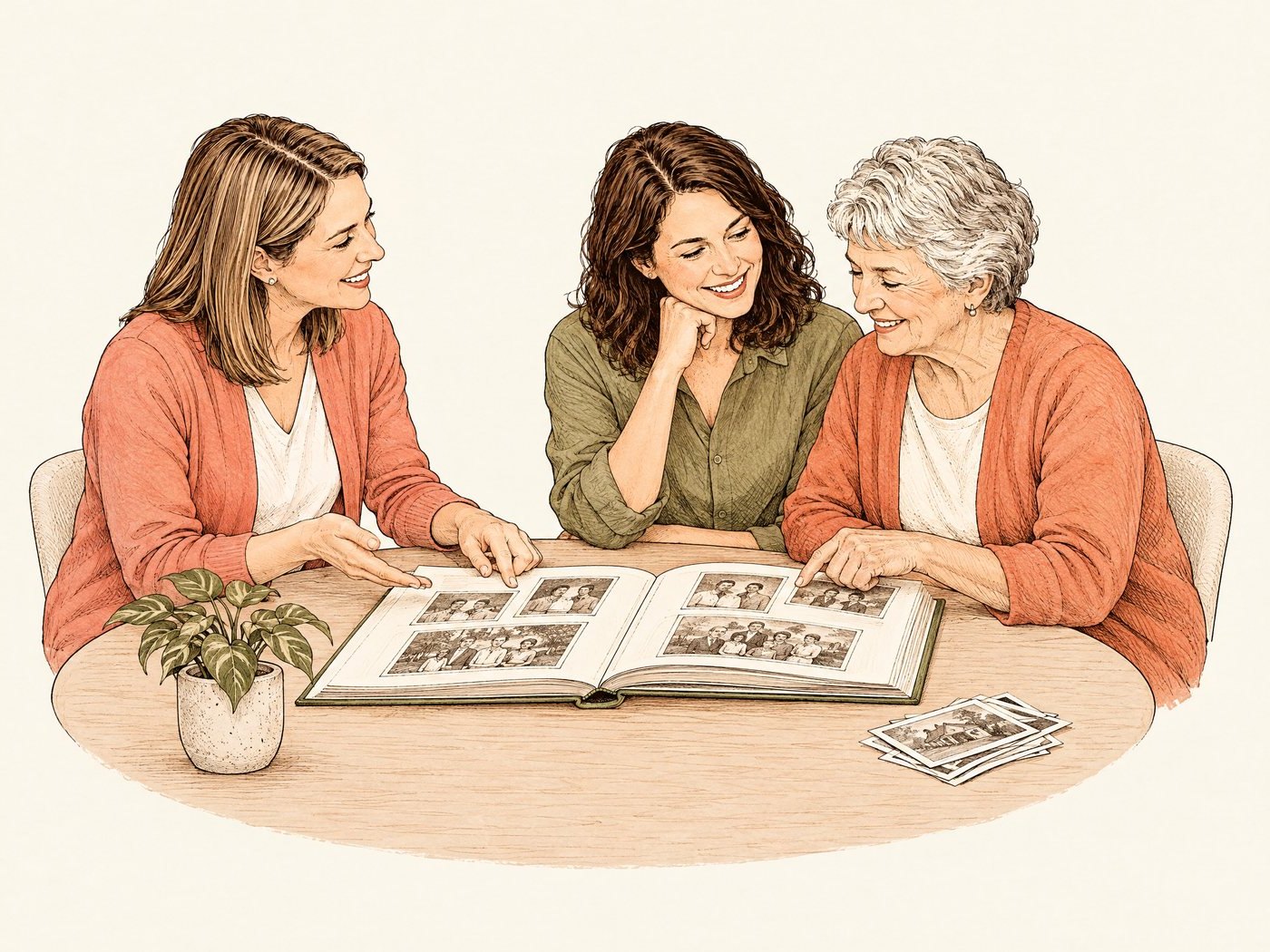 Line drawing of an older woman and her daughter looking through a photo album with a speech therapist