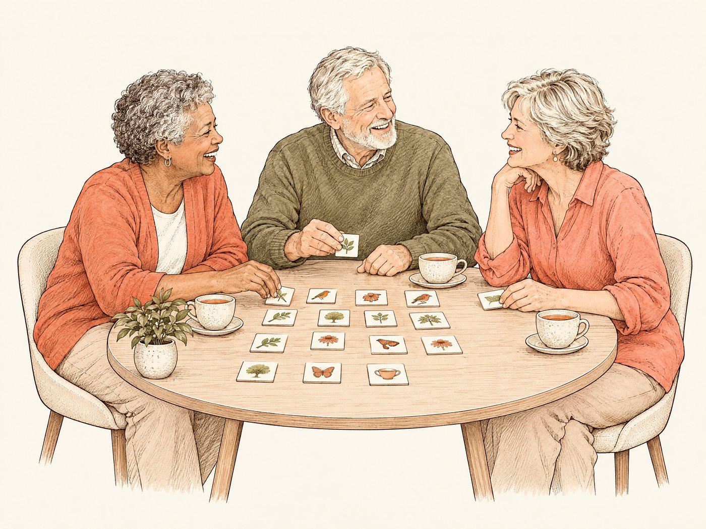 Line drawing of seniors laughing over a word game with cups of tea