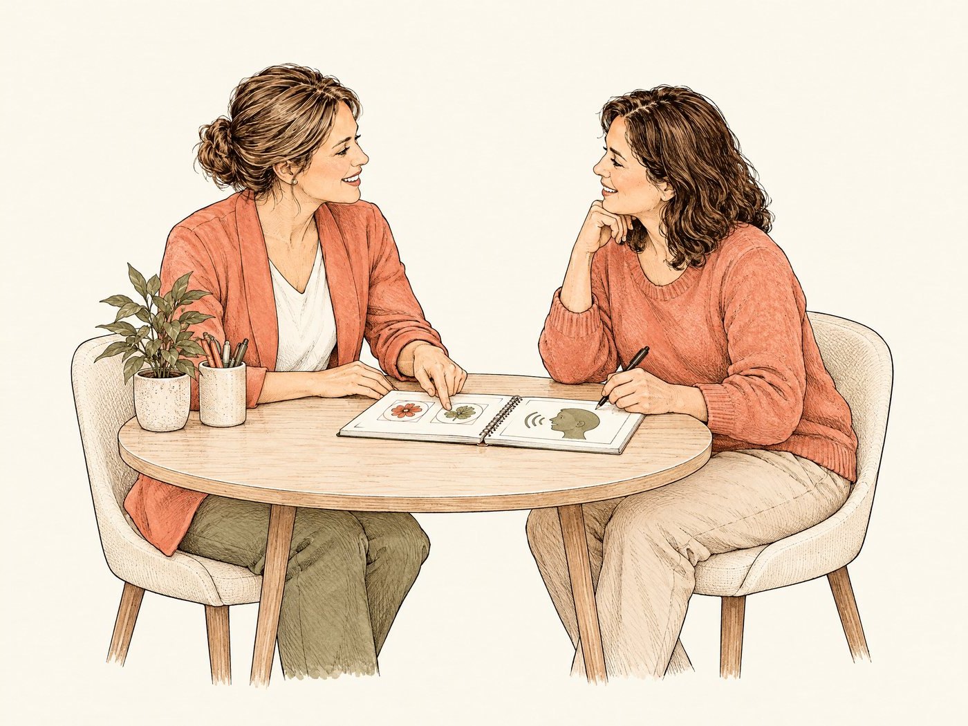 Line drawing of a woman working through a notebook task with a speech therapist