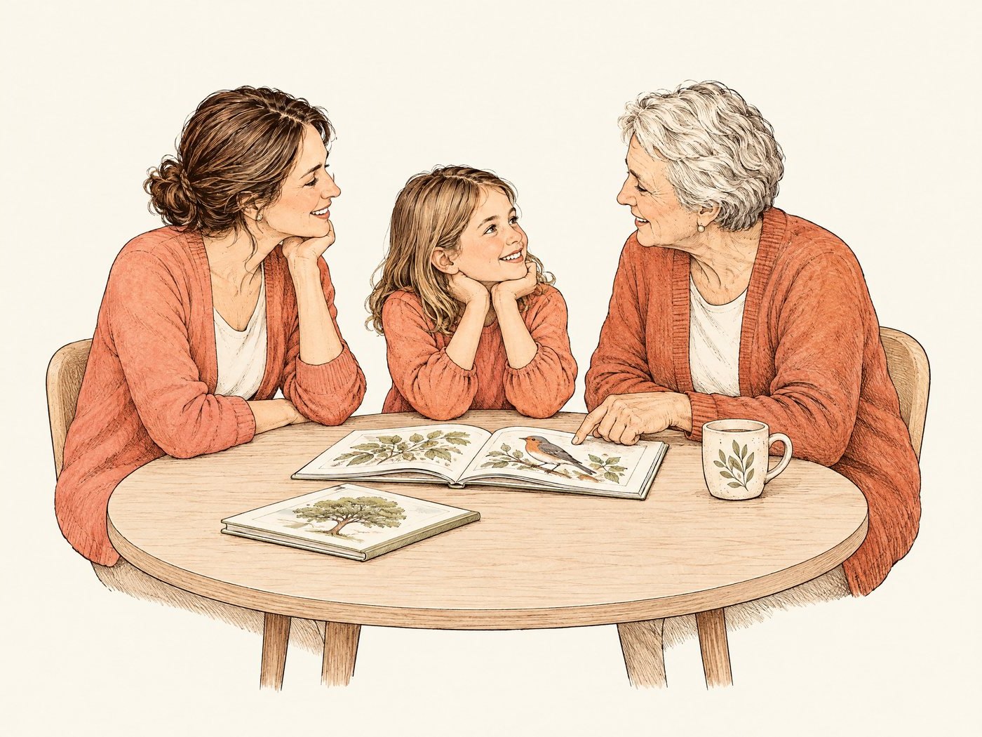 Line drawing of a grandmother, mother and child looking at a book together with a speech therapist