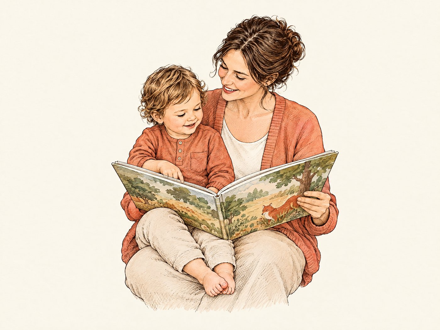 Line drawing of a parent reading a picture book with a toddler on their lap