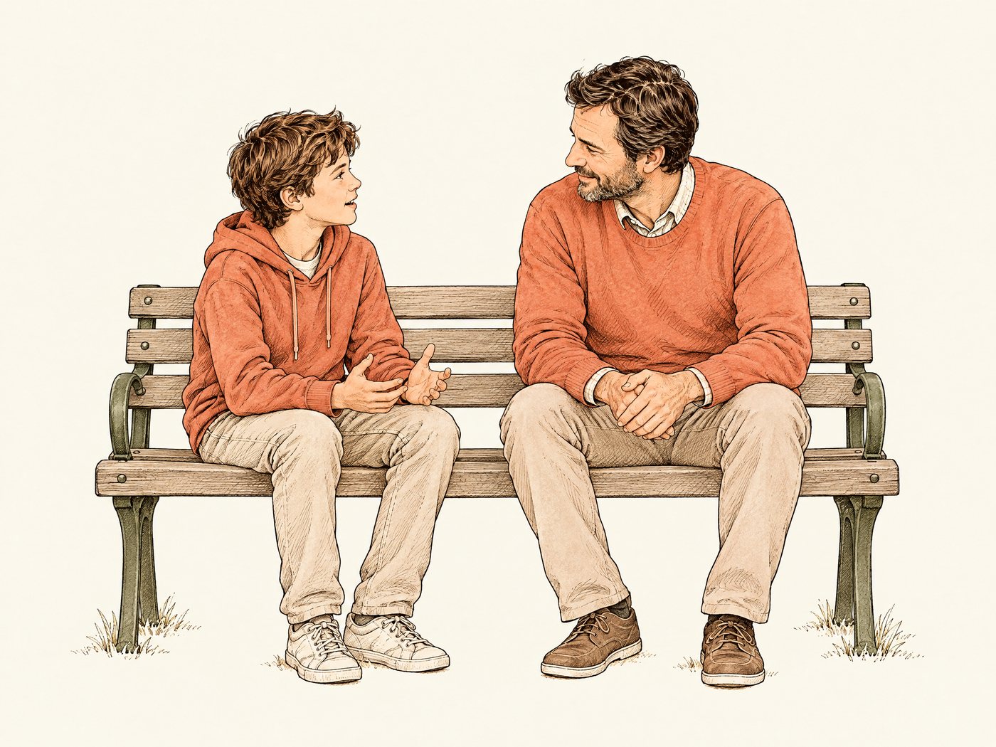 Line drawing of a boy talking calmly with his father on a park bench