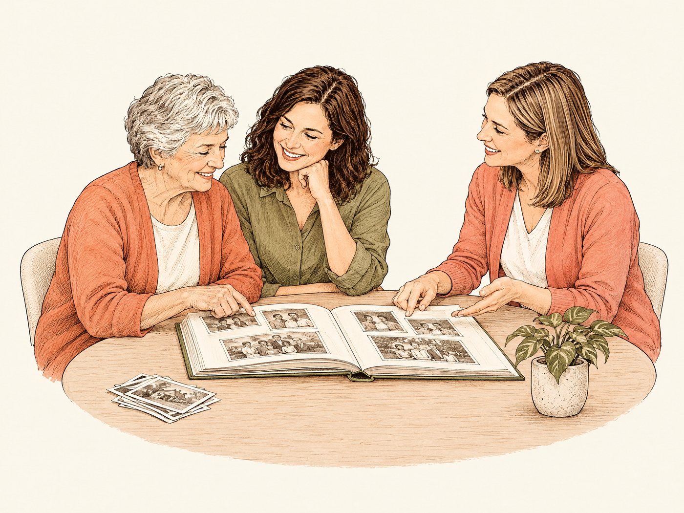 Line drawing of an older woman and her daughter looking through a photo album with a speech therapist