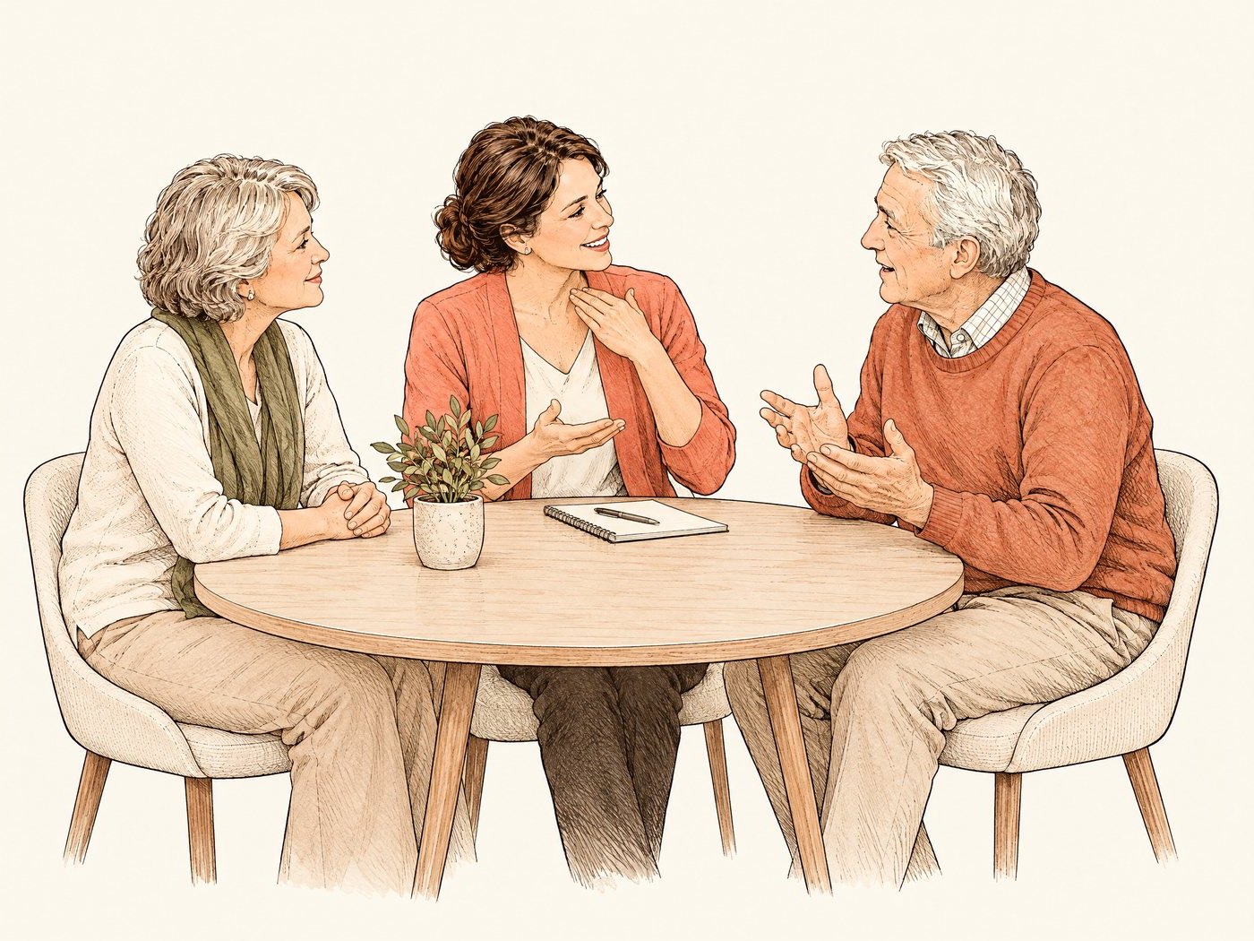 Line drawing of a small group talking around a table with a speech therapist