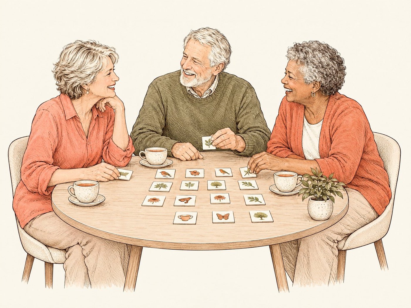 Line drawing of three adults playing a memory card game around a table