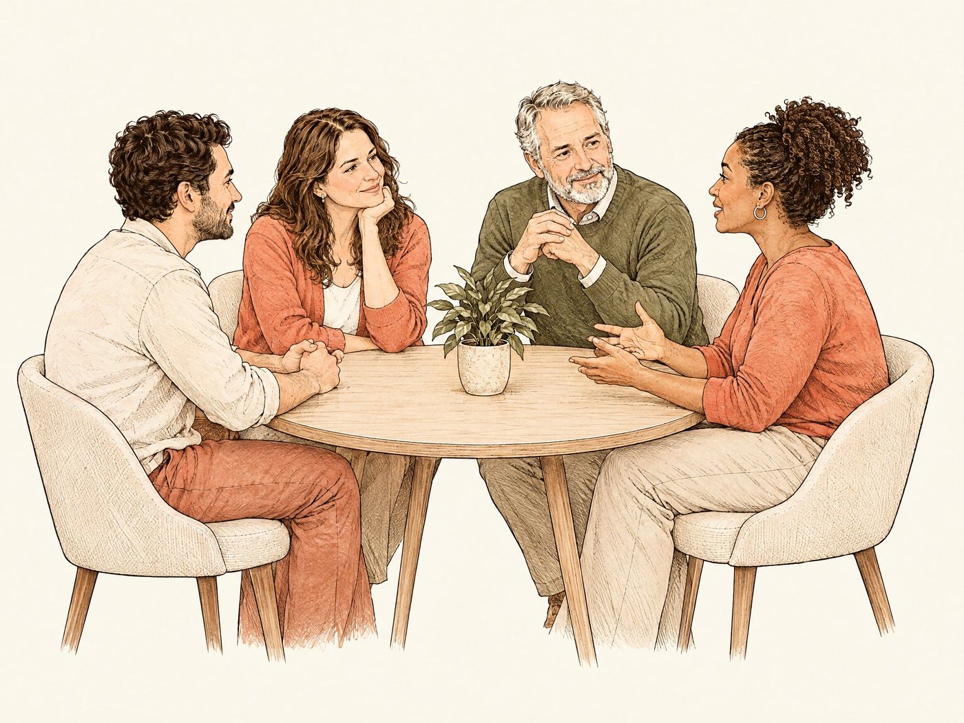 Line drawing of a small group having a conversation around a table with a speech therapist