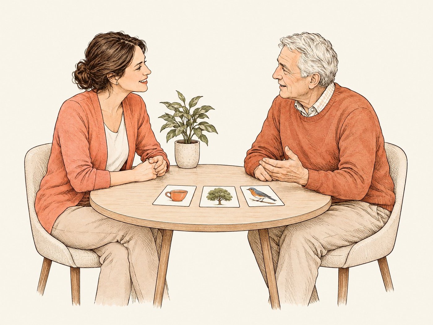 Line drawing of an older man talking with a speech therapist over picture cards