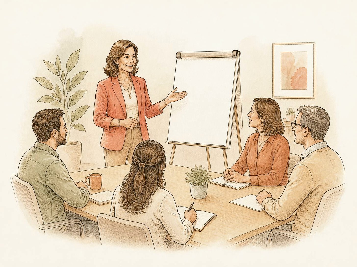 Line drawing of a professional presenting to colleagues around a meeting table