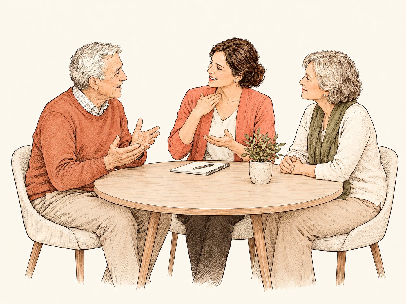 Line drawing of an older man practicing conversation with a speech therapist at home while his wife listens