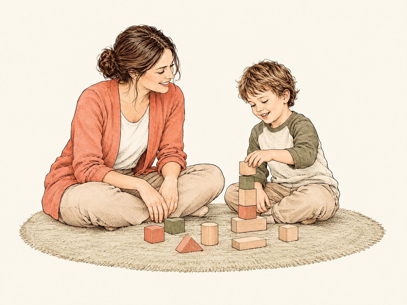 Line drawing of a child and a speech therapist playing together on a mat