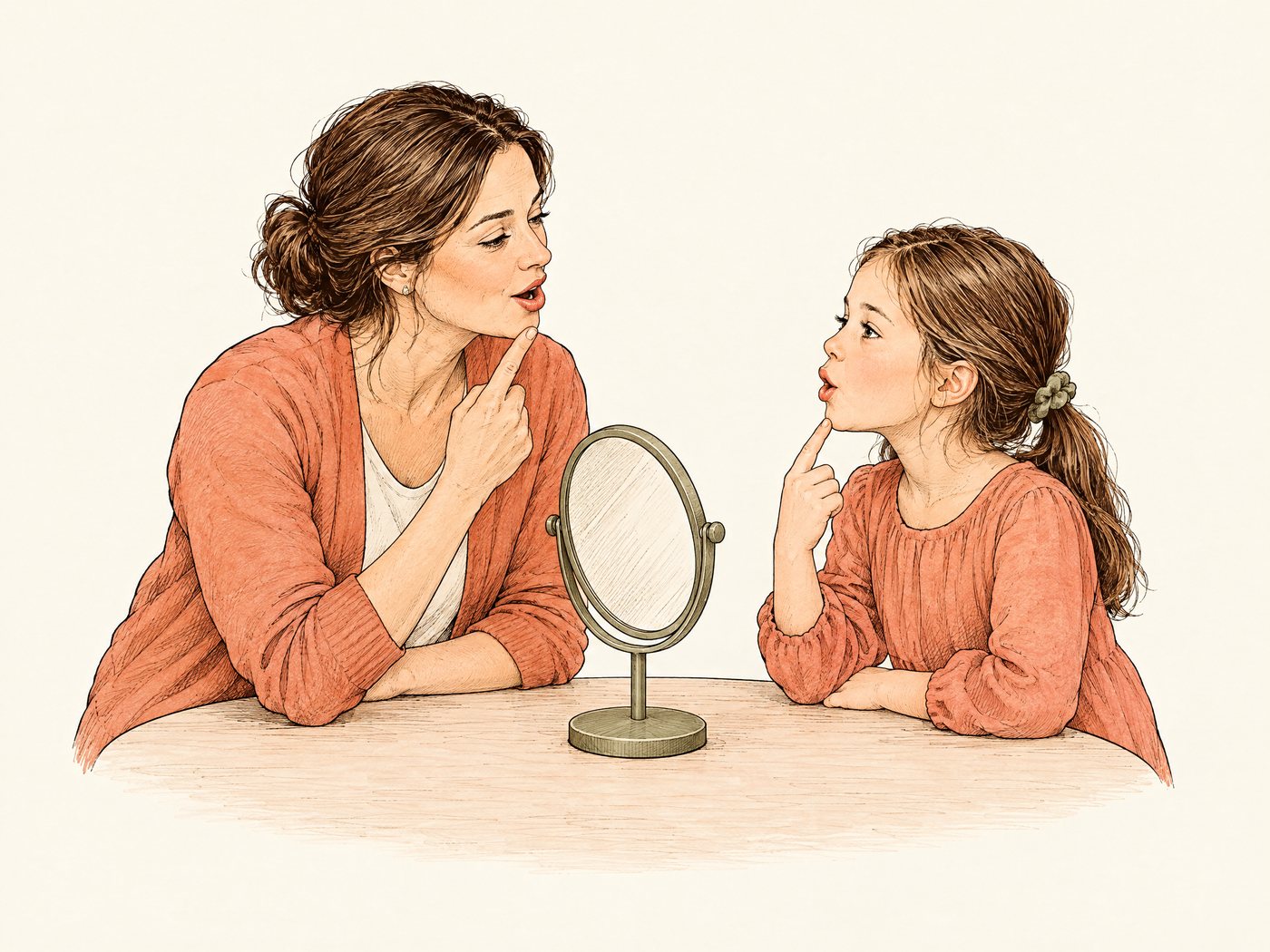 Line drawing of a speech therapist modelling a sound for a young girl, with a small mirror on the table