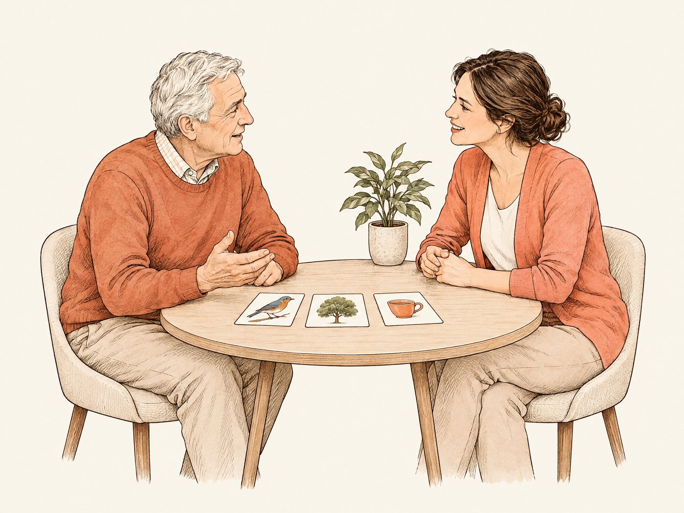 Line drawing of an older man talking with a speech therapist across a small table