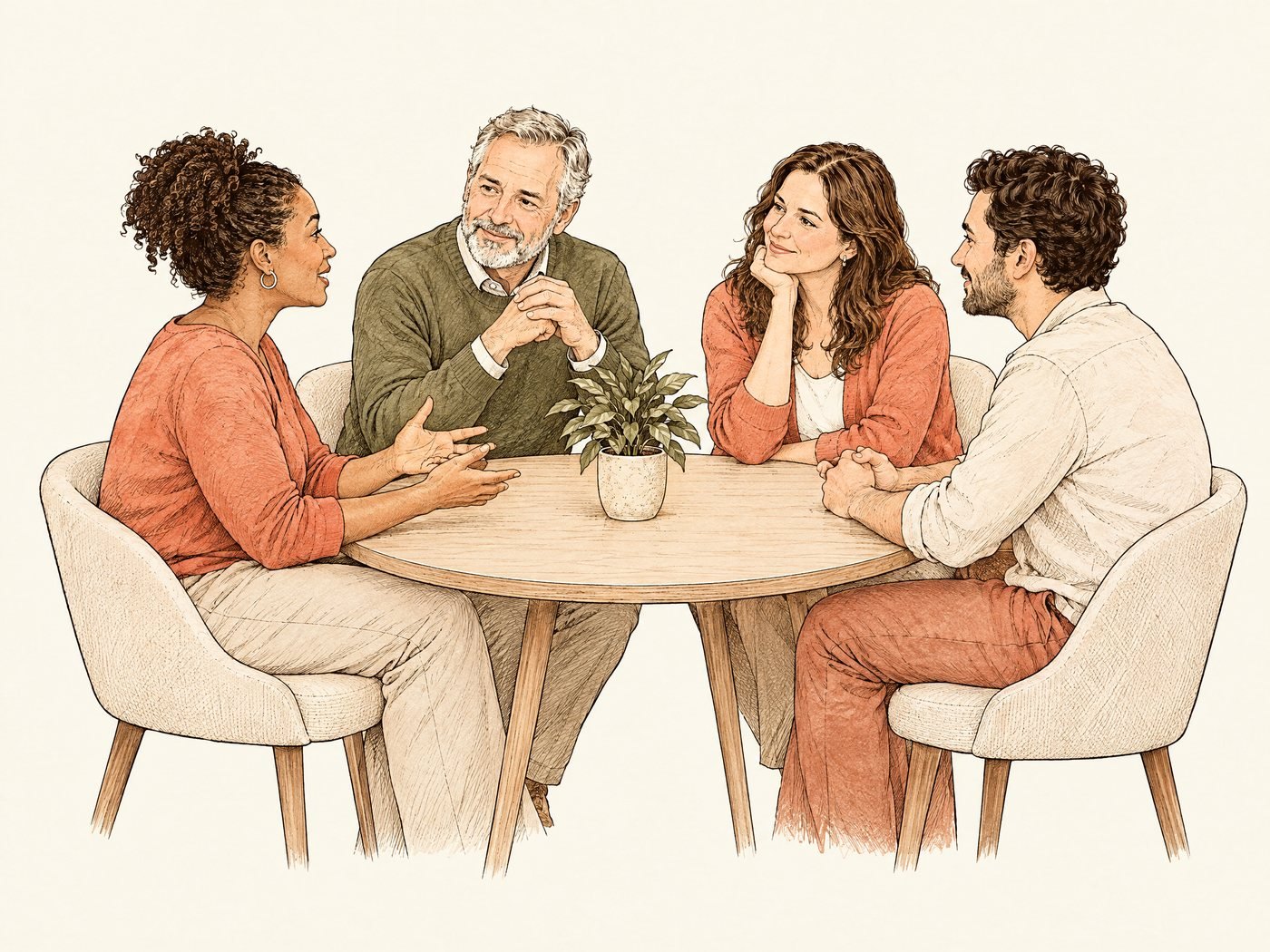 Line drawing of a small group talking around a table with a speech therapist